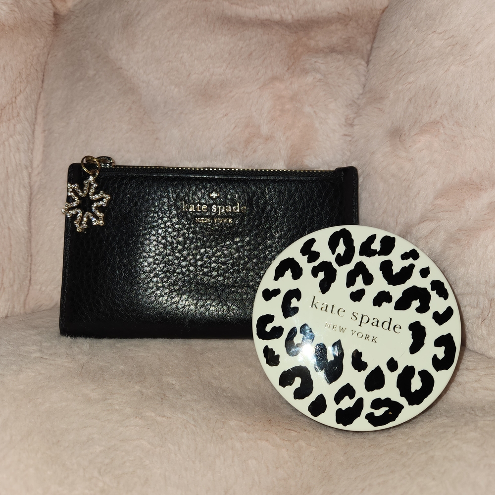Kate Spade Black Leather Pouch and Compact Mirror Portable Charger BUNDLE